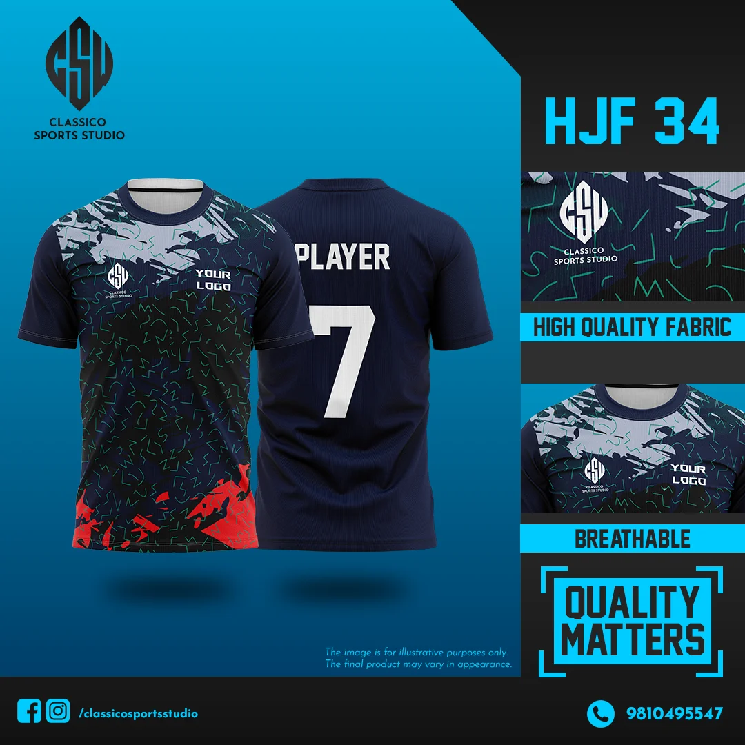 HJF 34 Custom Football Jersey with Abstract Multi-Color Graphics on Navy Base | Classico Sportswear Nepal