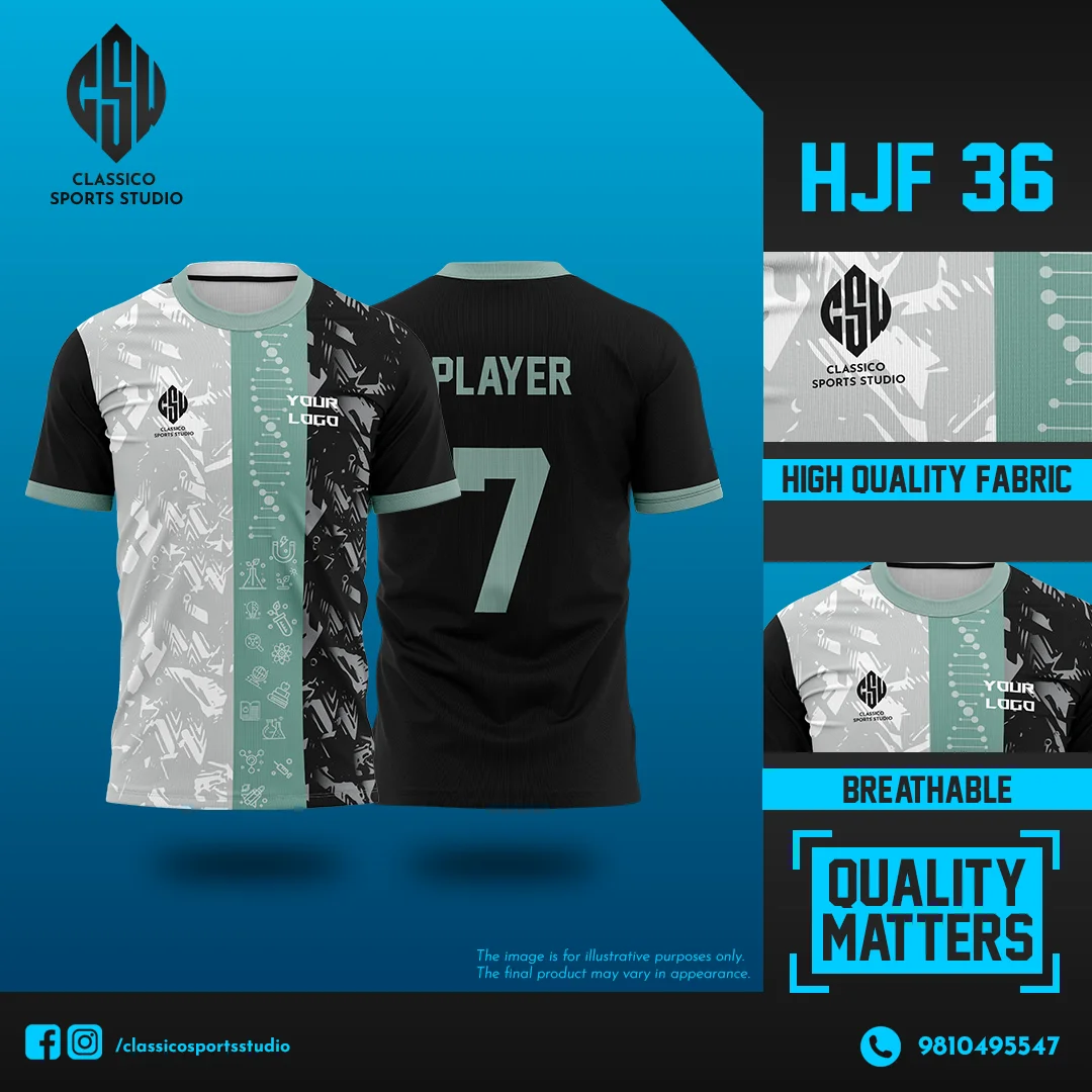 HJF 36 Custom Football Jersey with Tech-Inspired Split Design in Black, White, and Mint Green | Classico Sportswear Nepal
