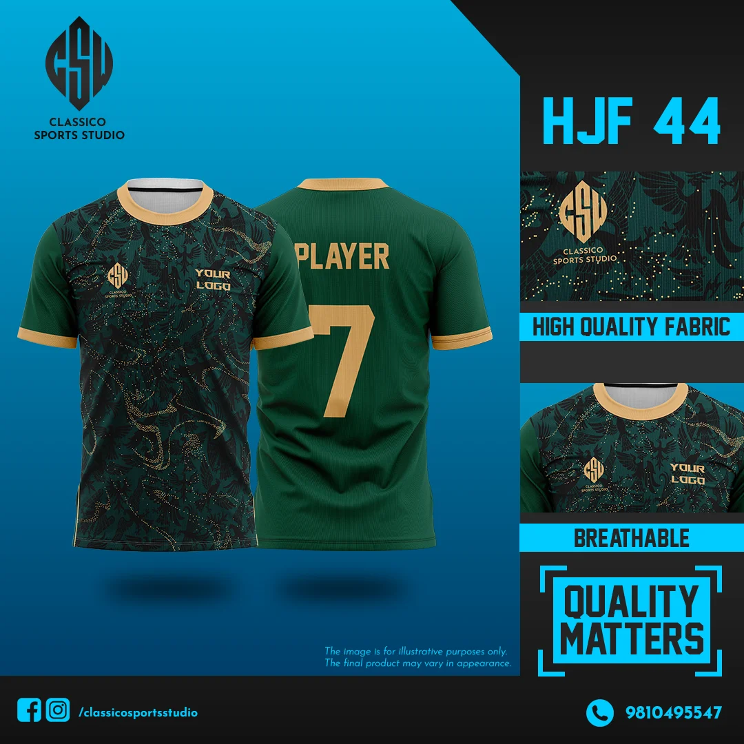 HJF 44 Forest Green Football Jersey with Gold Accents & Abstract Pattern | Classico Sportswear Nepal