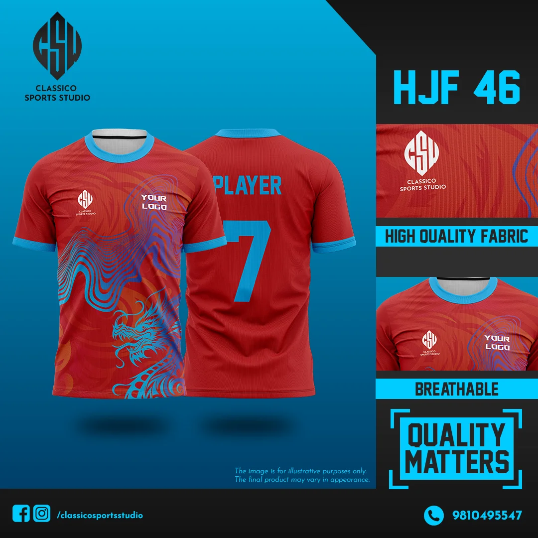 HJF 46 Red Football Jersey with Blue Dragon Wave Design | Classico Sportswear Nepal