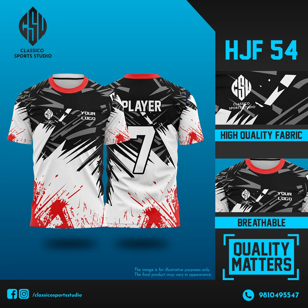 HJF 54 White Football Jersey with Black & Red Brush Explosion | Classico Sportswear Nepal